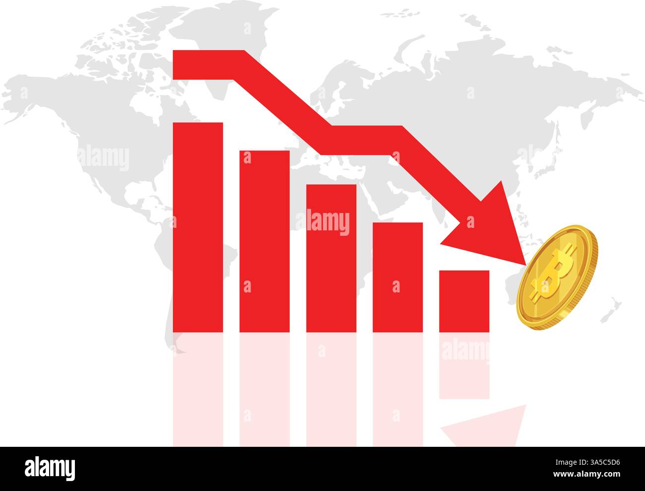 Grafico rosso con moneta d'oro sullo sfondo della mappa mondiale. Illustrazione Vettoriale