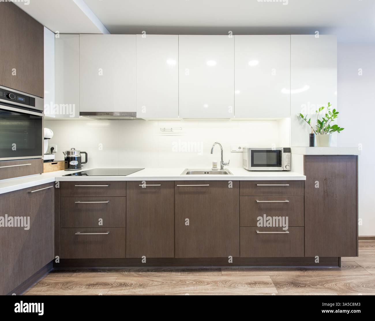 Cucina moderna con armadi in legno scuro, ripiano bianco pulito, elettrodomestici essenziali e arredi eleganti. Un ambiente accogliente, funzionale e contemporaneo Foto Stock