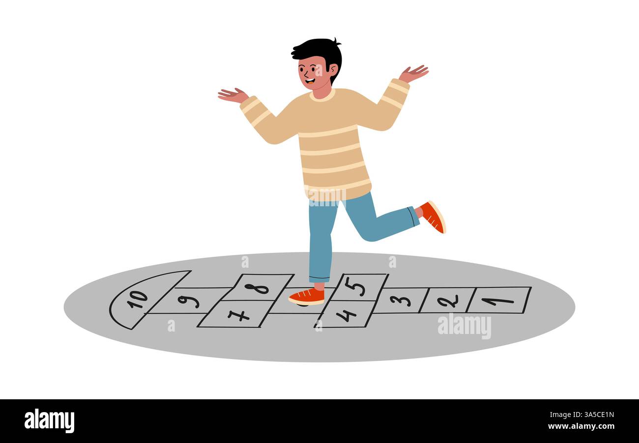 Bambini che giocano a hopscotch in una giornata di sole e che si divertono all'aperto in un parco giochi Illustrazione Vettoriale