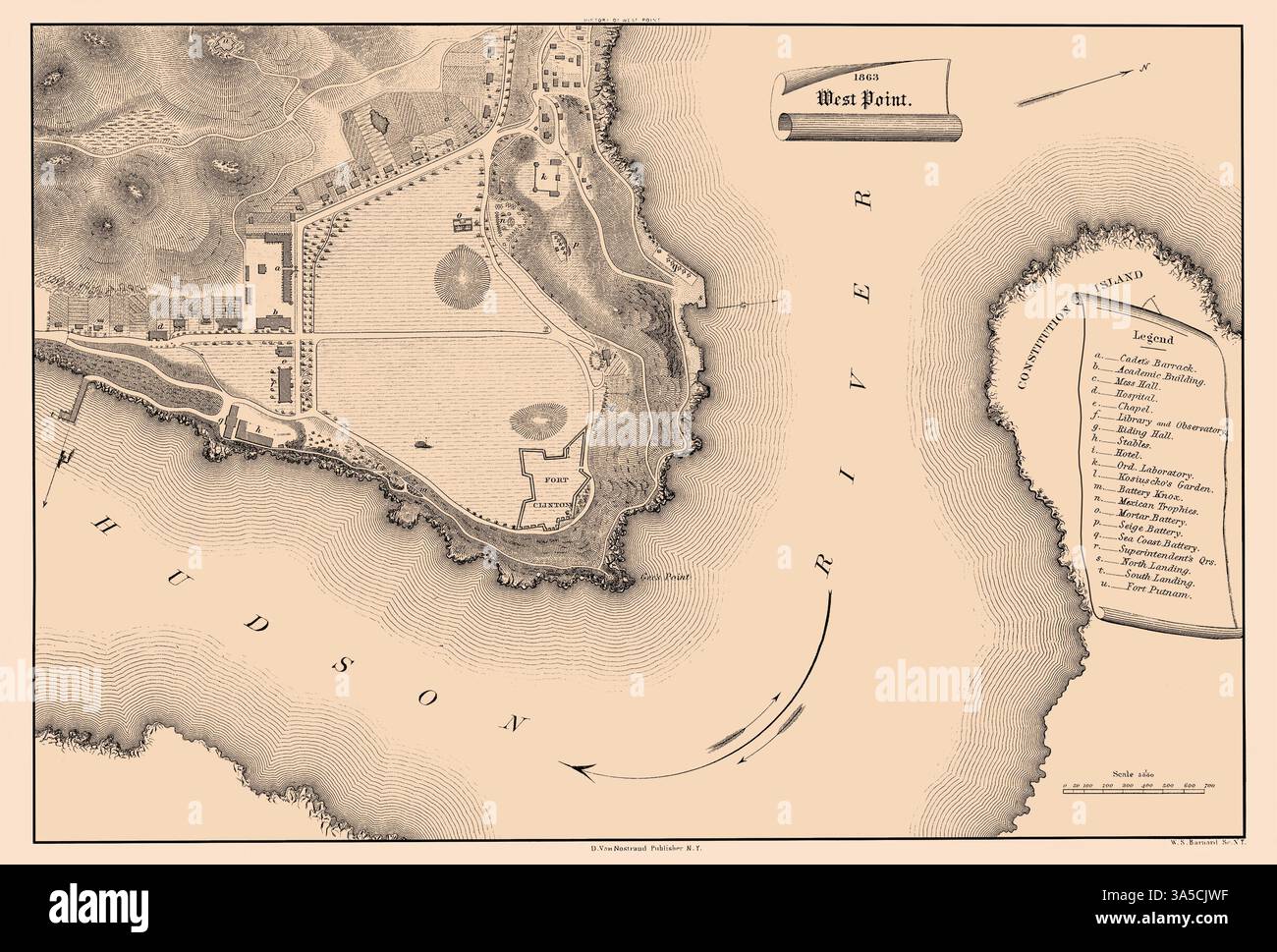 Riproduzione migliorata e restaurata di una mappa del 1863 della West Point Military Academy sul fiume Hudson. Include l'indice degli edifici. Nord è verso l'angolo superiore destro. Si tratta di una riproduzione migliorata e restaurata di una vecchia mappa. Presenta punti di riferimento ed è ricco di informazioni storiche. Ho selezionato interessanti e vecchie immagini grafiche per il restauro e l'editing digitale. Le immagini sono state regolate e illuminate per renderle adatte alla visualizzazione e ad altri scopi. L'immagine risultante mette in risalto molti dettagli e punti di riferimento, rendendo questa mappa un ottimo riferimento storico e un pezzo di conversazione. Foto Stock