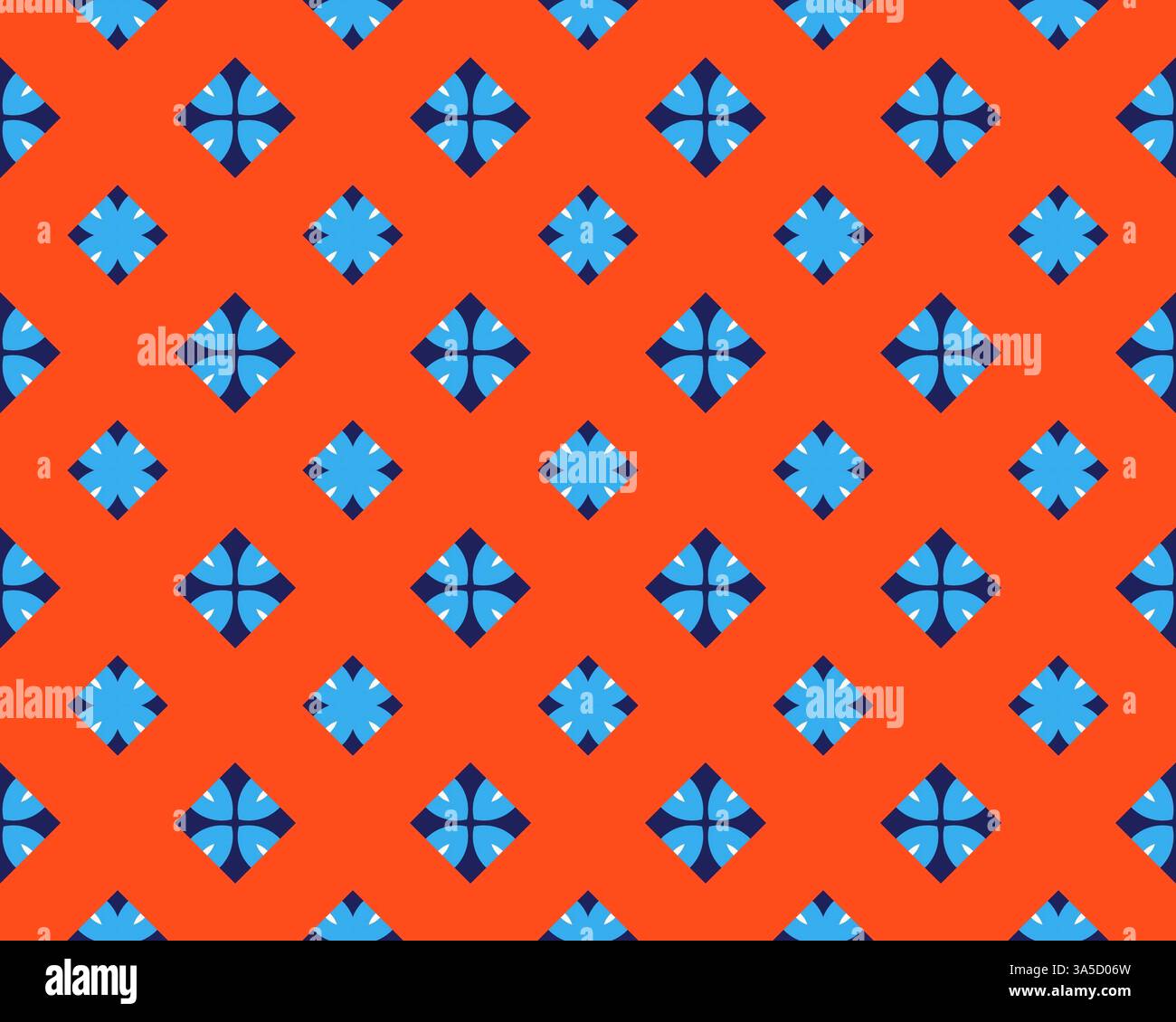 Un motivo geometrico senza cuciture con forme a rombo blu su sfondo arancione. Foto Stock
