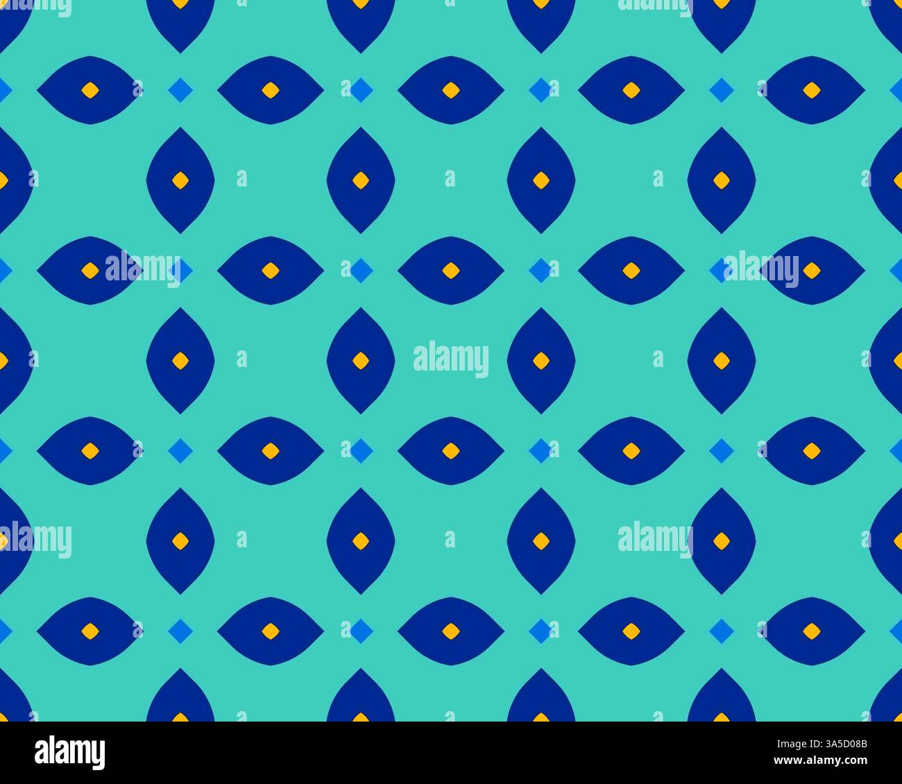 Un motivo geometrico senza cuciture con forme di diamante blu su sfondo verde acqua, caratterizzato da piccoli dettagli di diamante giallo al centro di ogni forma blu. Foto Stock
