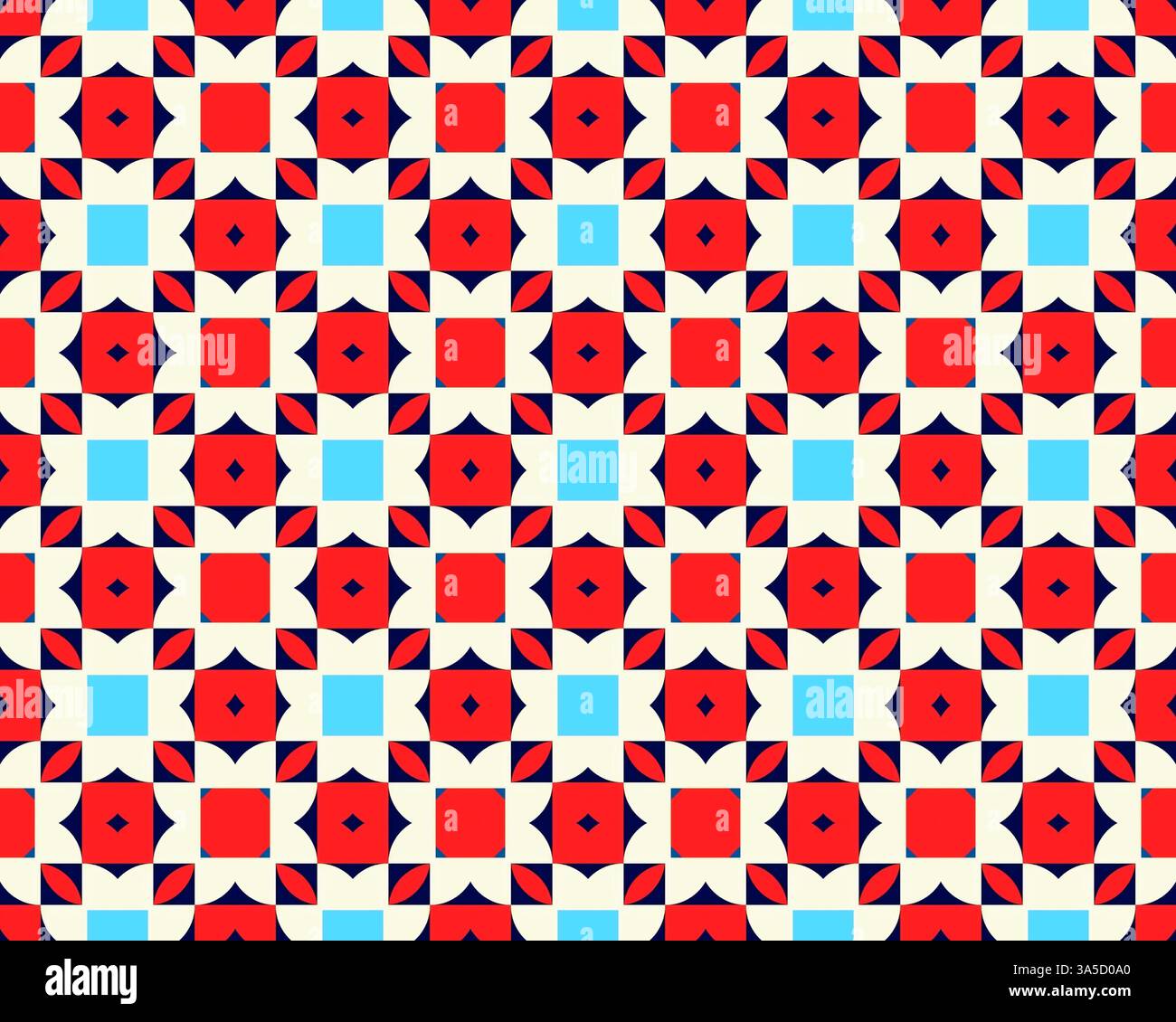 Le forme geometriche colorate si allineano perfettamente in un motivo senza cuciture, mostrando elementi rossi, blu e bianchi, ideali per vari progetti di design. Foto Stock Le forme geometriche colorate si allineano perfettamente in un motivo senza cuciture, mostrando elementi rossi, blu e bianchi, ideali per vari progetti di design. Foto Stock