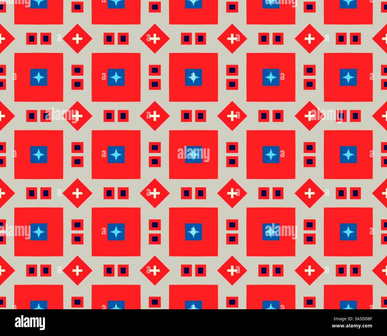 Le forme geometriche in rosso, blu e crema creano un motivo senza cuciture adatto per tessuti, carta da parati e progetti decorativi. Foto Stock Le forme geometriche in rosso, blu e crema creano un motivo senza cuciture adatto per tessuti, carta da parati e progetti decorativi. Foto Stock