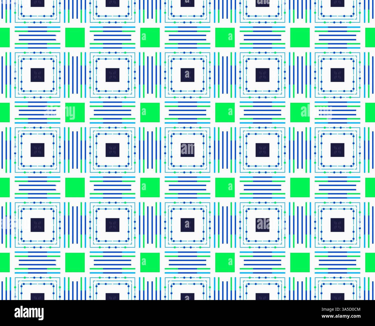 Questo motivo senza cuciture presenta una varietà di forme geometriche e linee in vivaci tonalità verde e blu disposte in un layout sistematico. Foto Stock Questo motivo senza cuciture presenta una varietà di forme geometriche e linee in vivaci tonalità verde e blu disposte in un layout sistematico. Foto Stock