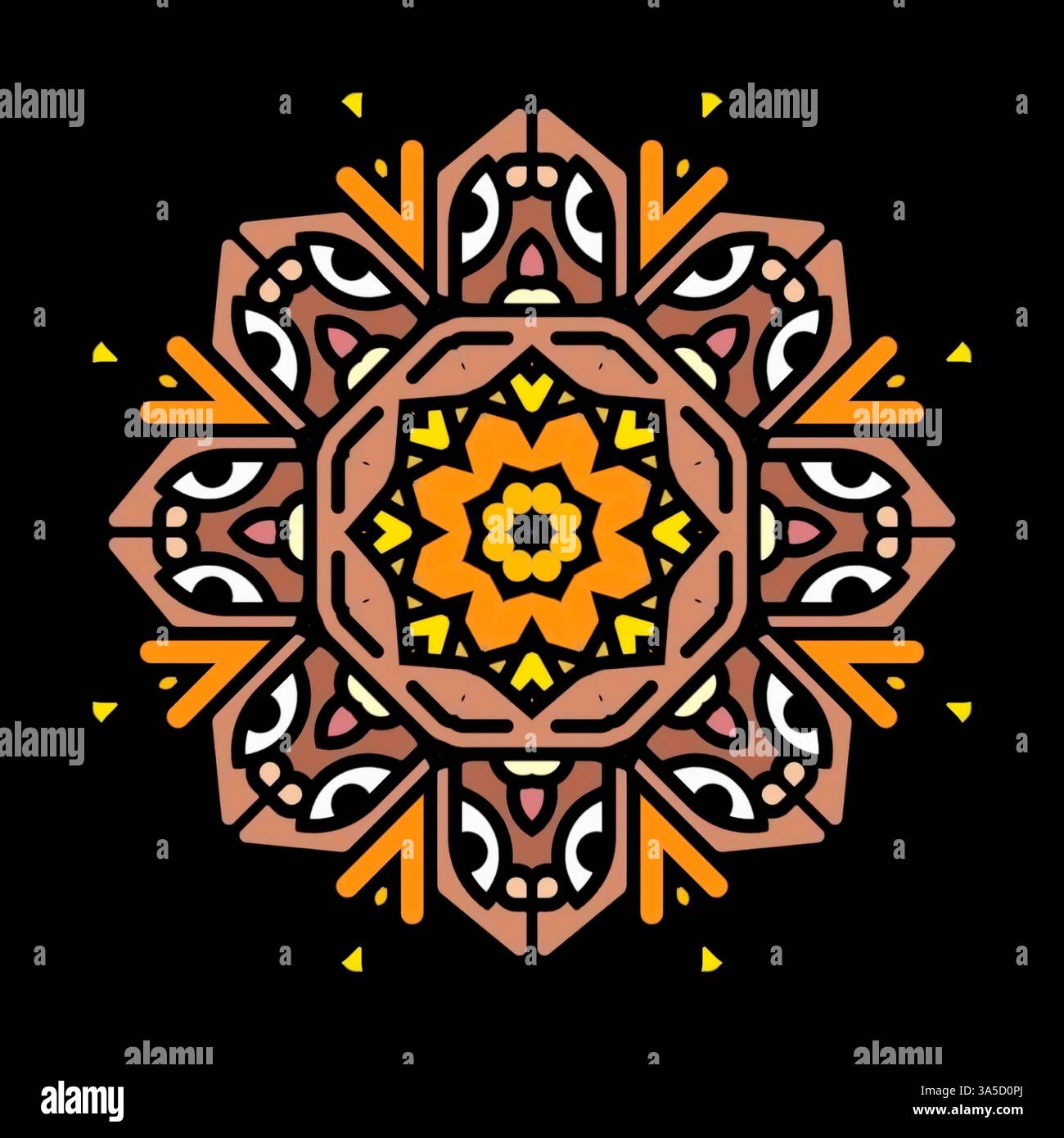 Stile floreale Mandala minimale motivo orientale con elementi decorativi per rilassarsi e meditare per il libro con logo su sfondo nero Foto Stock