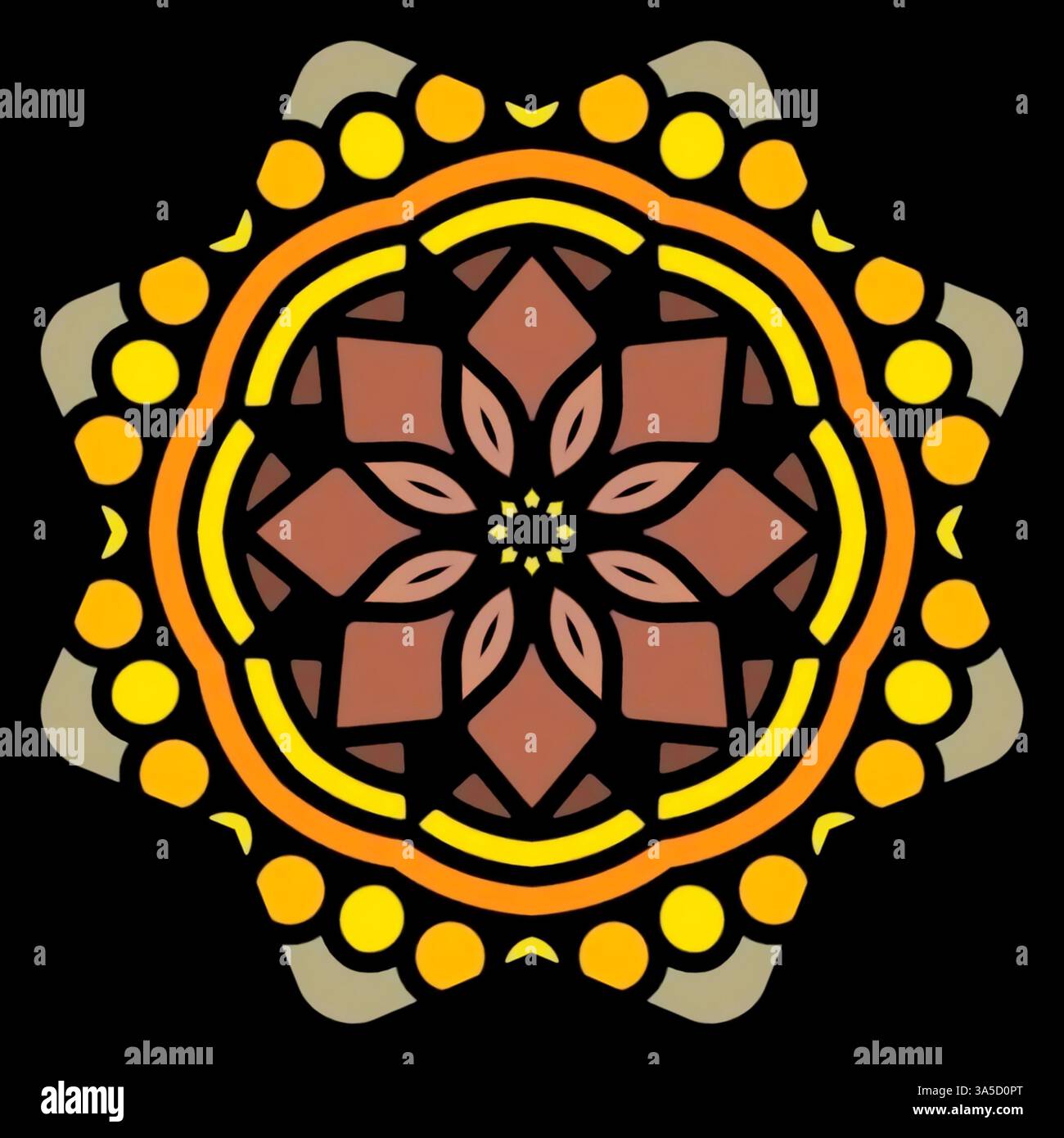 Stile floreale Mandala minimale motivo orientale con elementi decorativi per rilassarsi e meditare per il libro con logo su sfondo nero Foto Stock