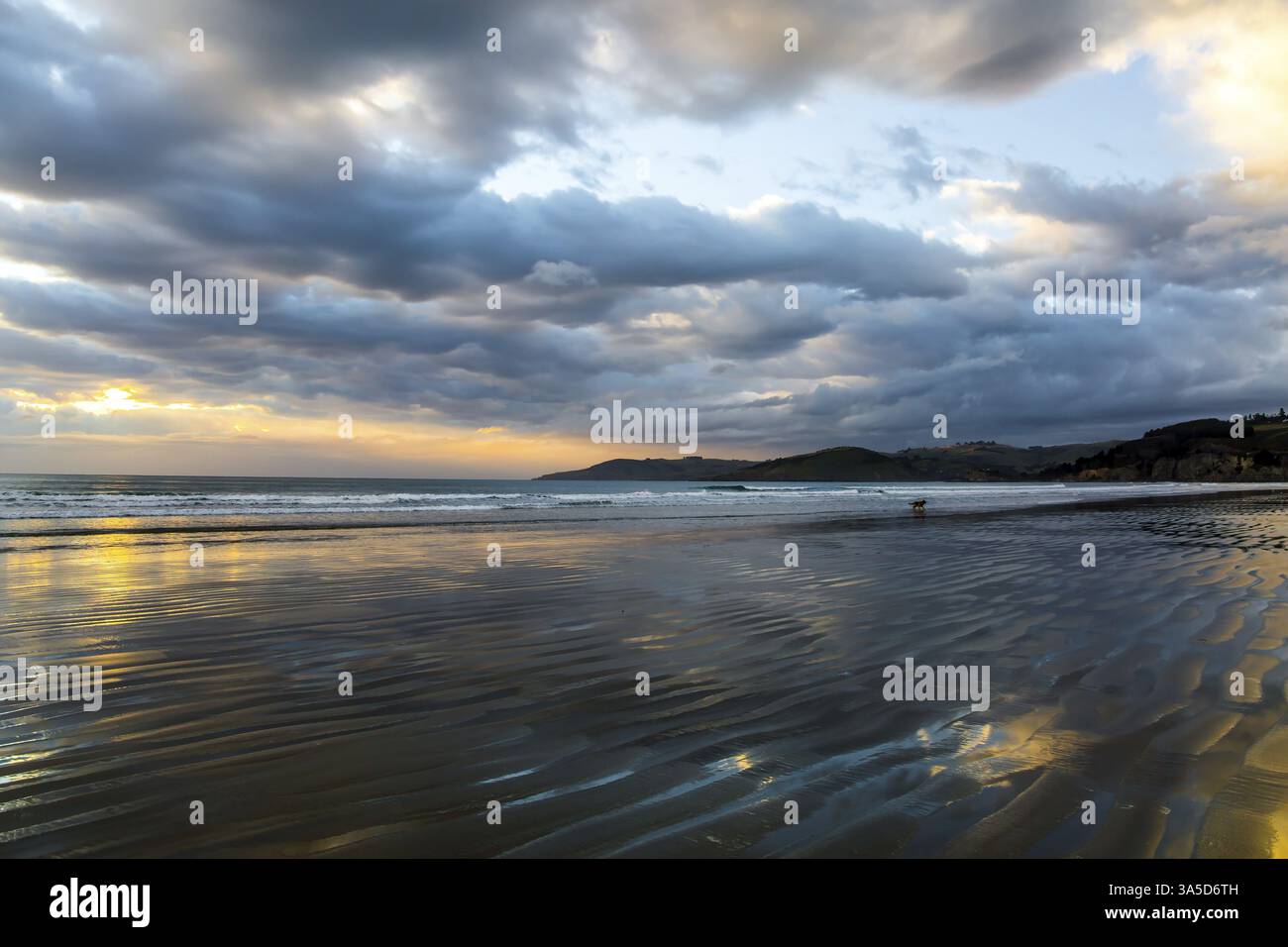 Alba sull'oceano. Bassa marea. Strisce di sabbia e acqua lasciate dalla marea dell'oceano. Nuova Zelanda, costa del Pacifico. Il concetto di fotografia artistica Foto Stock