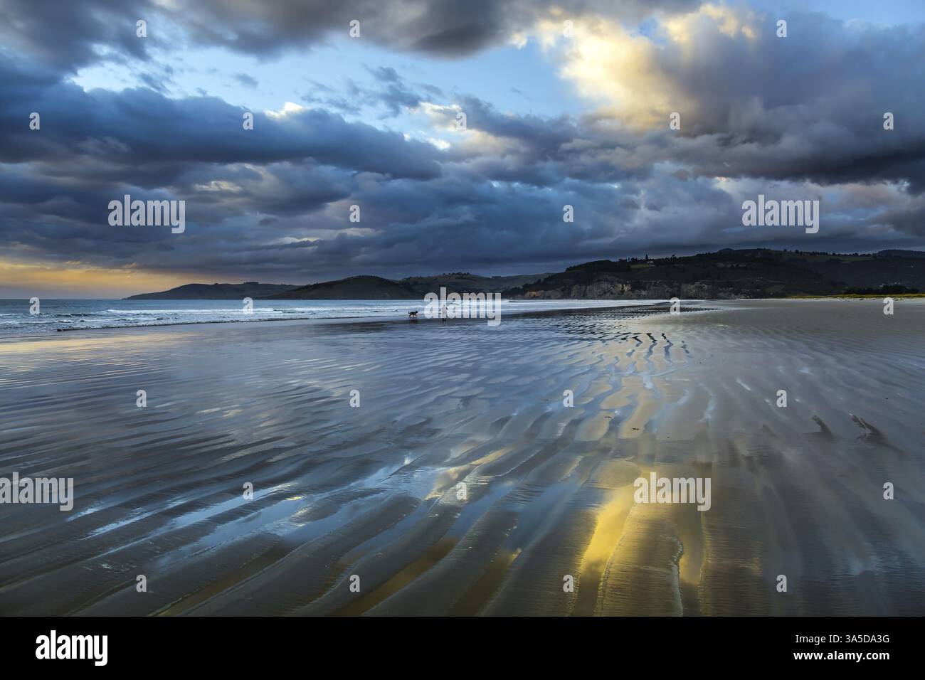 Alba sull'oceano. Bassa marea. Strisce di sabbia e acqua lasciate dalla marea dell'oceano. Nuova Zelanda, costa del Pacifico. Il concetto di fotografia artistica Foto Stock