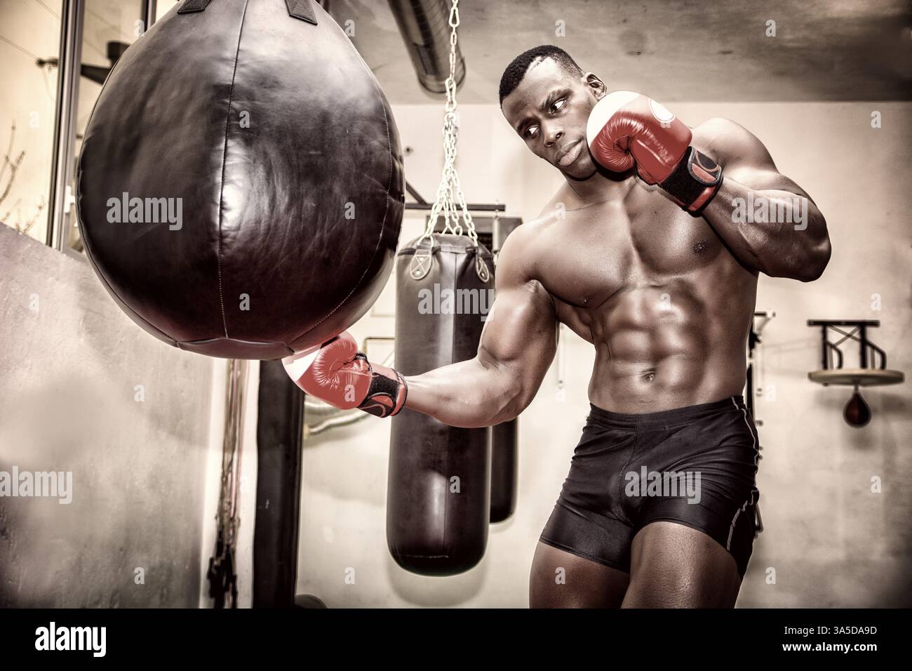 Nero Africa boxer maschio sfera di punzonatura che indossa guantoni da pugilato in palestra Foto Stock