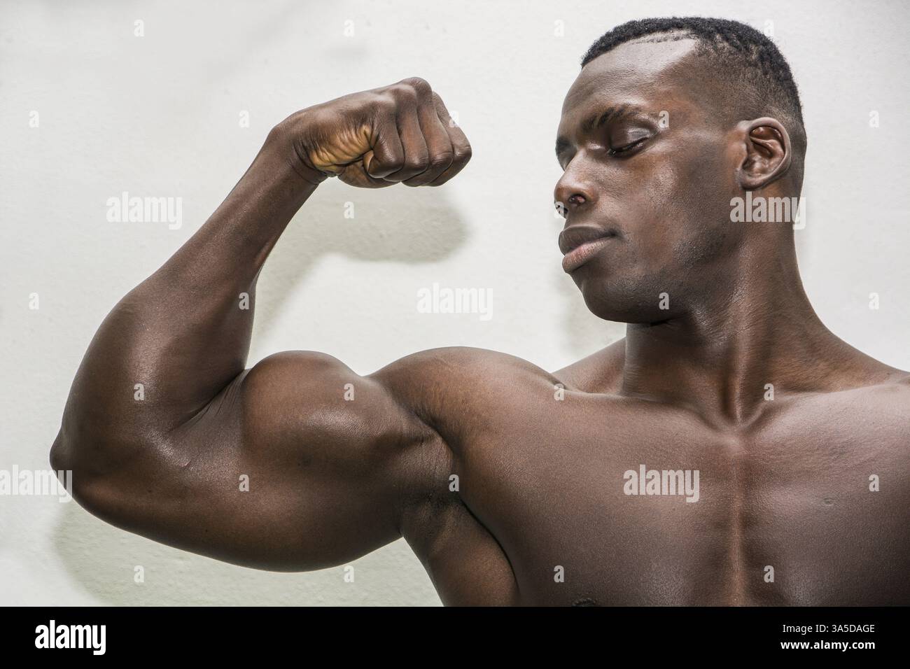 Attraente hunky maschio nero bodybuilder bodybuilding facendo pongono su sfondo bianco Foto Stock