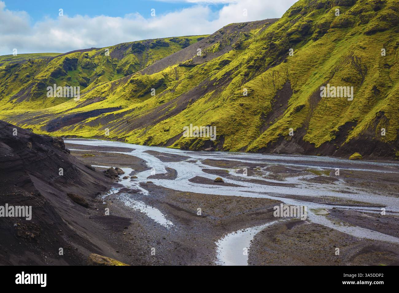 Canyon Pakgil in Islanda. Pittoresche colline basaltiche ricoperte di erba verde e muschio polare. Ruscelli dai ghiacciai che si sciolgono lungo il canyon Foto Stock