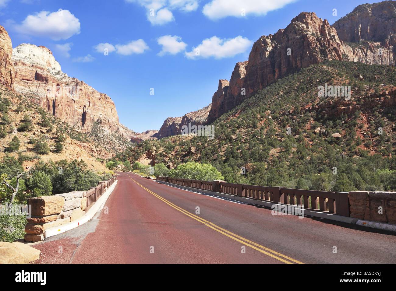 Parco nazionale di Zion, Stati Uniti. Eccellente con strada asfaltata rossa tra le pittoresche montagne di arenaria arancione e rossa Foto Stock