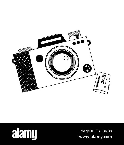 Fotocamera e scheda di memoria. Elementi di illustrazione vettoriale a tema di viaggio Illustrazione Vettoriale
