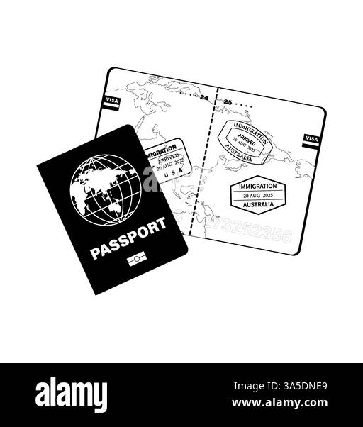 Passaporto straniero con timbri di immigrazione. Elementi di illustrazione vettoriale a tema di viaggio Illustrazione Vettoriale