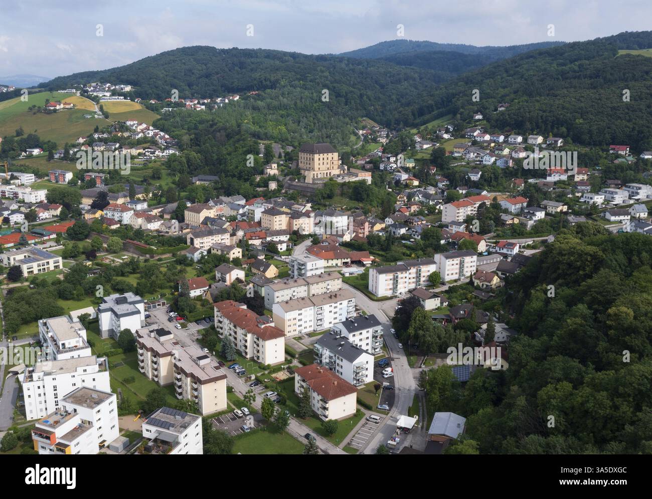 Immagine drone, Steyregg con castello di Steyregg, alta Austria, Austria, Europa Foto Stock