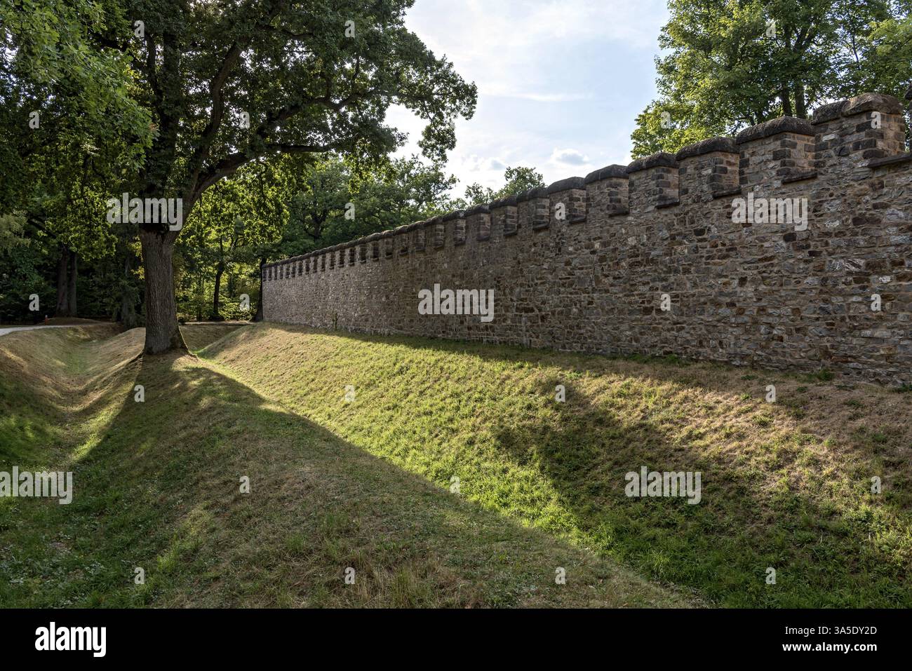 Muro difensivo con merlature, redoubt, bastioni, fossati, fossati a doppia punta, fortificazione del fronte pretoriano, fortezza romana di Saalburg, reconstr Foto Stock