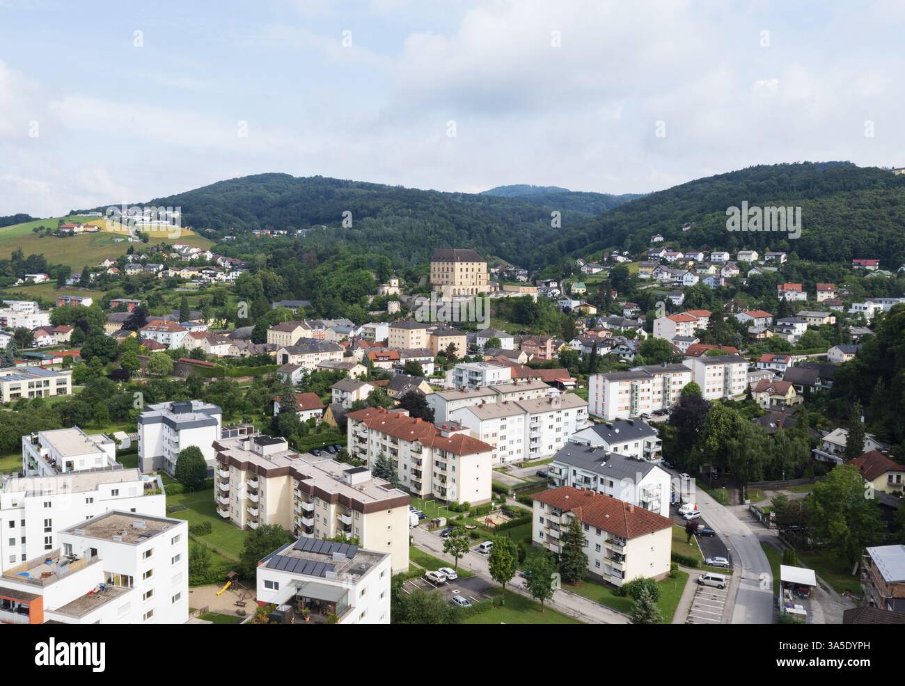 Immagine drone, Steyregg con castello di Steyregg, alta Austria, Austria, Europa Foto Stock