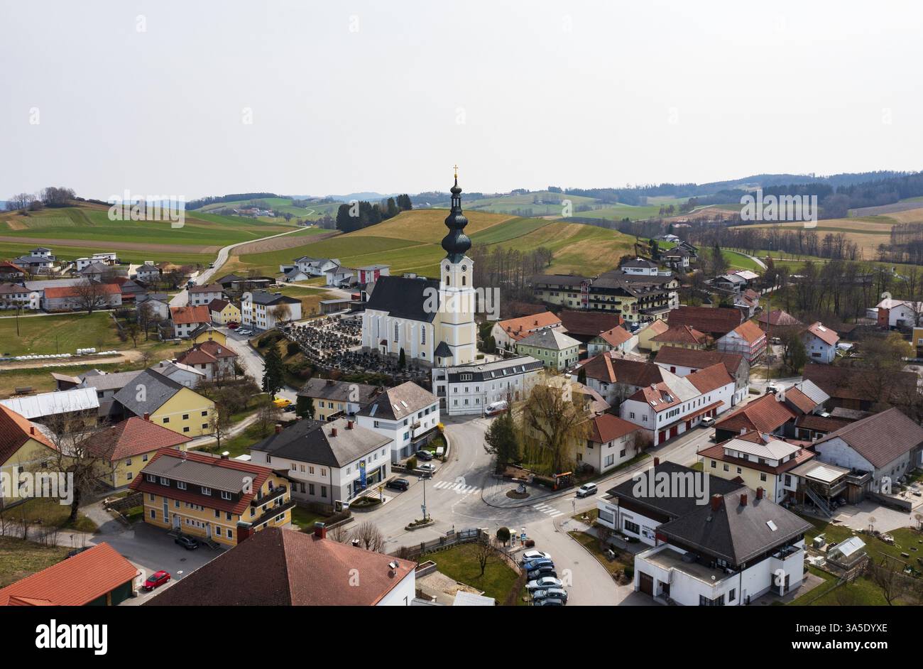 Fotografia di droni, fotografia di luoghi, Waldzell, Innviertel alta Austria, Austria, Europa Foto Stock