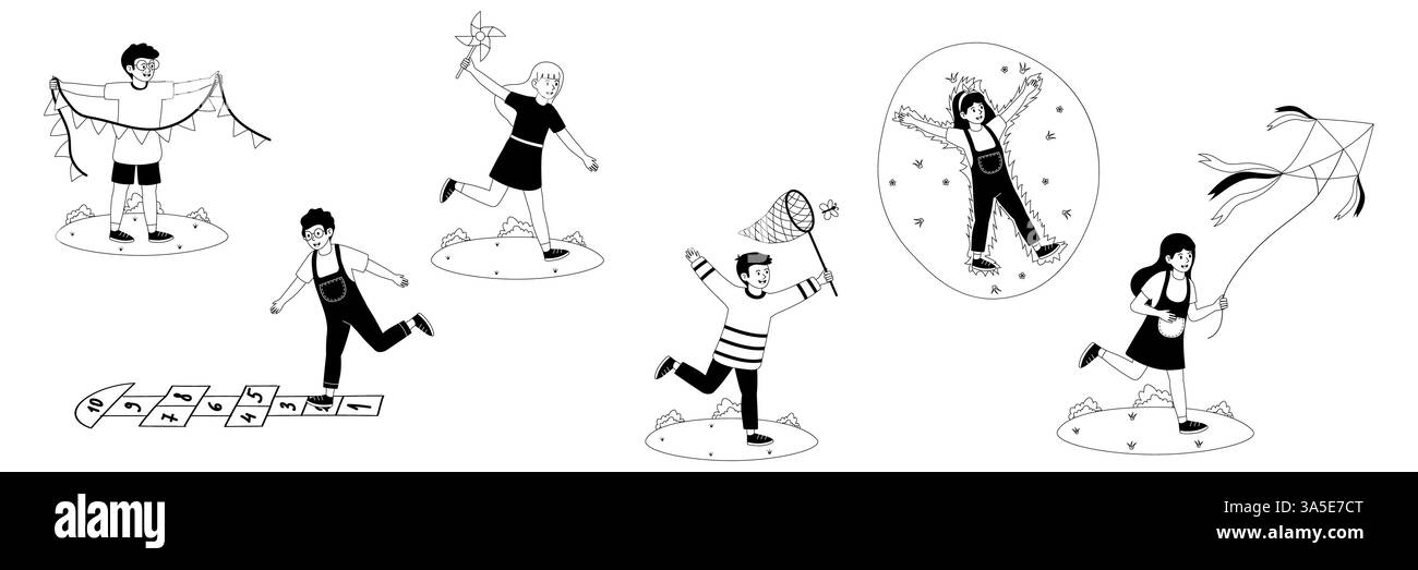 I bambini amano le attività all'aperto in un ambiente divertente e creativo in primavera Illustrazione Vettoriale