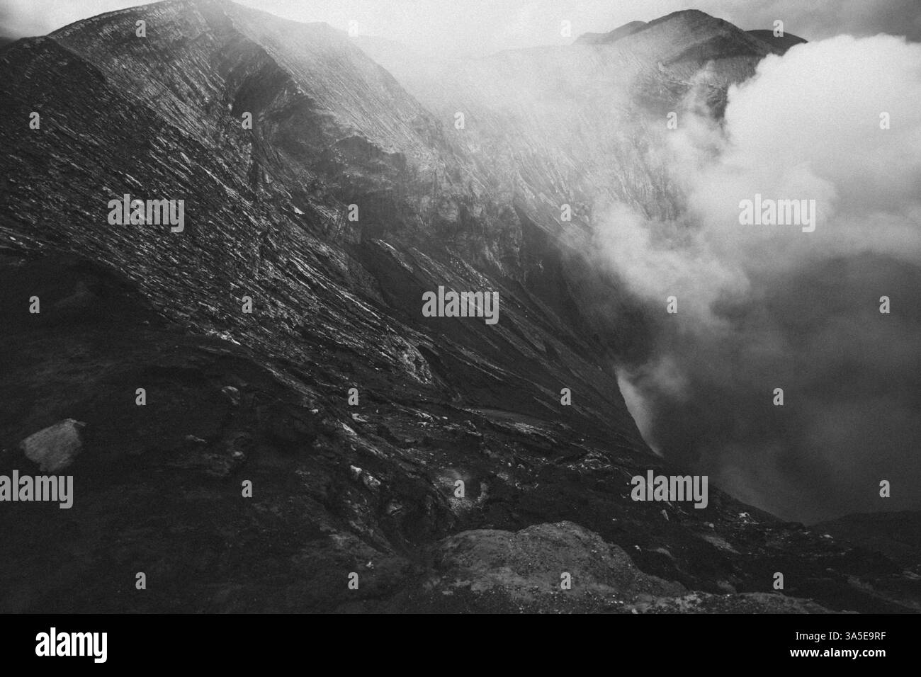 Vista spettacolare di un cratere vulcanico fumante in un paesaggio bianco e nero, del vulcano Bromo, dello Sri Lanka, dell'Asia Foto Stock