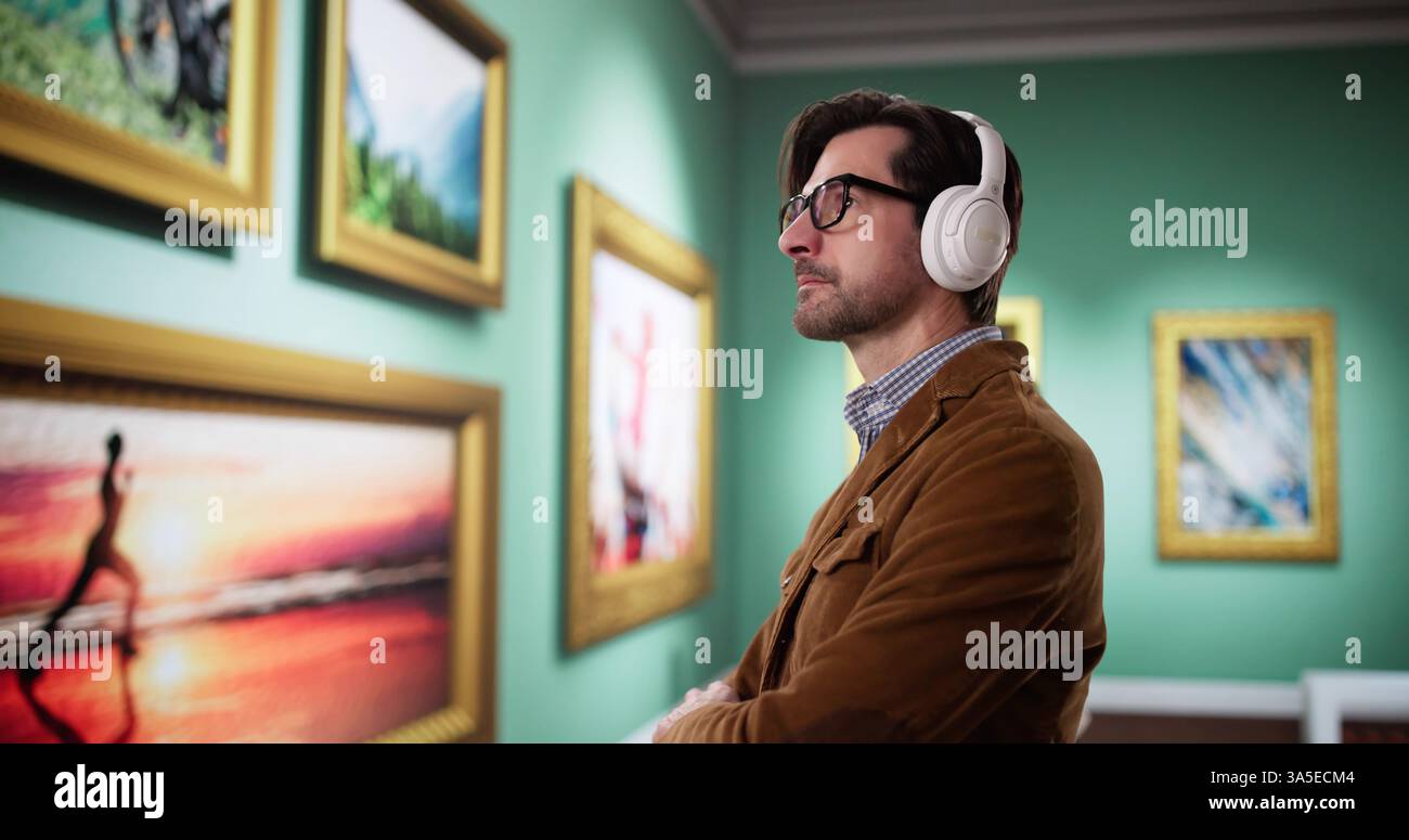 il giovane cammina attraverso una galleria museale, ascoltando con le cuffie. Ha un aspetto intelligente negli occhiali da vista, prendendo in considerazione l'arte. Questo visitatore è immerso in Foto Stock