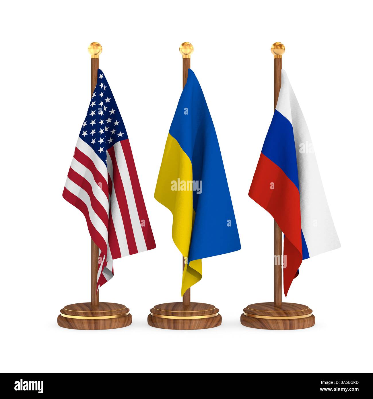 Bandiera Ucraina, americana e russa su sfondo bianco. Illustrazione 3D isolata Foto Stock