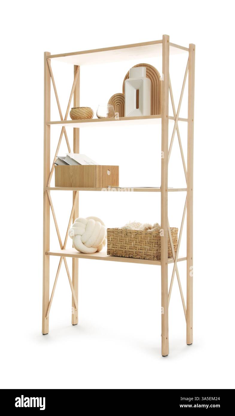 Scaffalature in legno con diversi arredi, isolate sul bianco Foto Stock