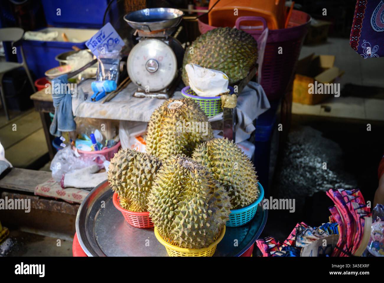 Il durian, conosciuto come il "re della frutta", è un grande frutto tropicale piccante famoso in Thailandia e conosciuto per il suo odore forte e pungente, in vendita Foto Stock