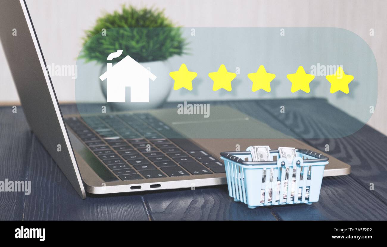 Valutazione immobiliare online e concetto di shopping con l'icona di recensione a cinque stelle, carrello della spesa in miniatura con contanti, laptop, impianto verde e moderno ufficio de Foto Stock