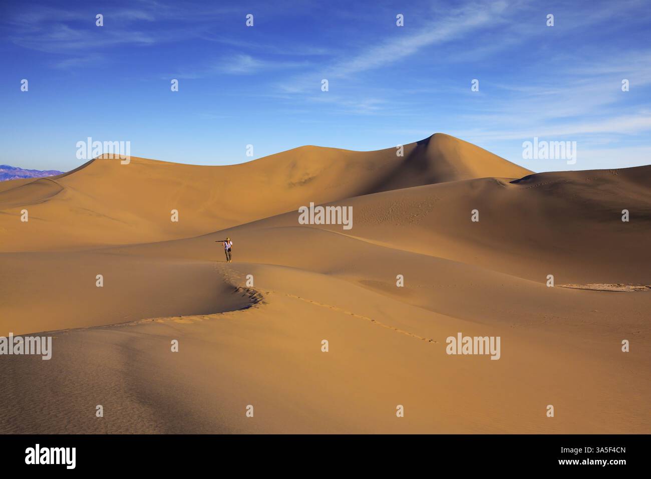 Alba nelle sabbie arancioni del deserto di Mesquite Flat, Stati Uniti. Donna di mezza età - tra le dune di sabbia c'è una fotografa con una maglietta a righe Foto Stock