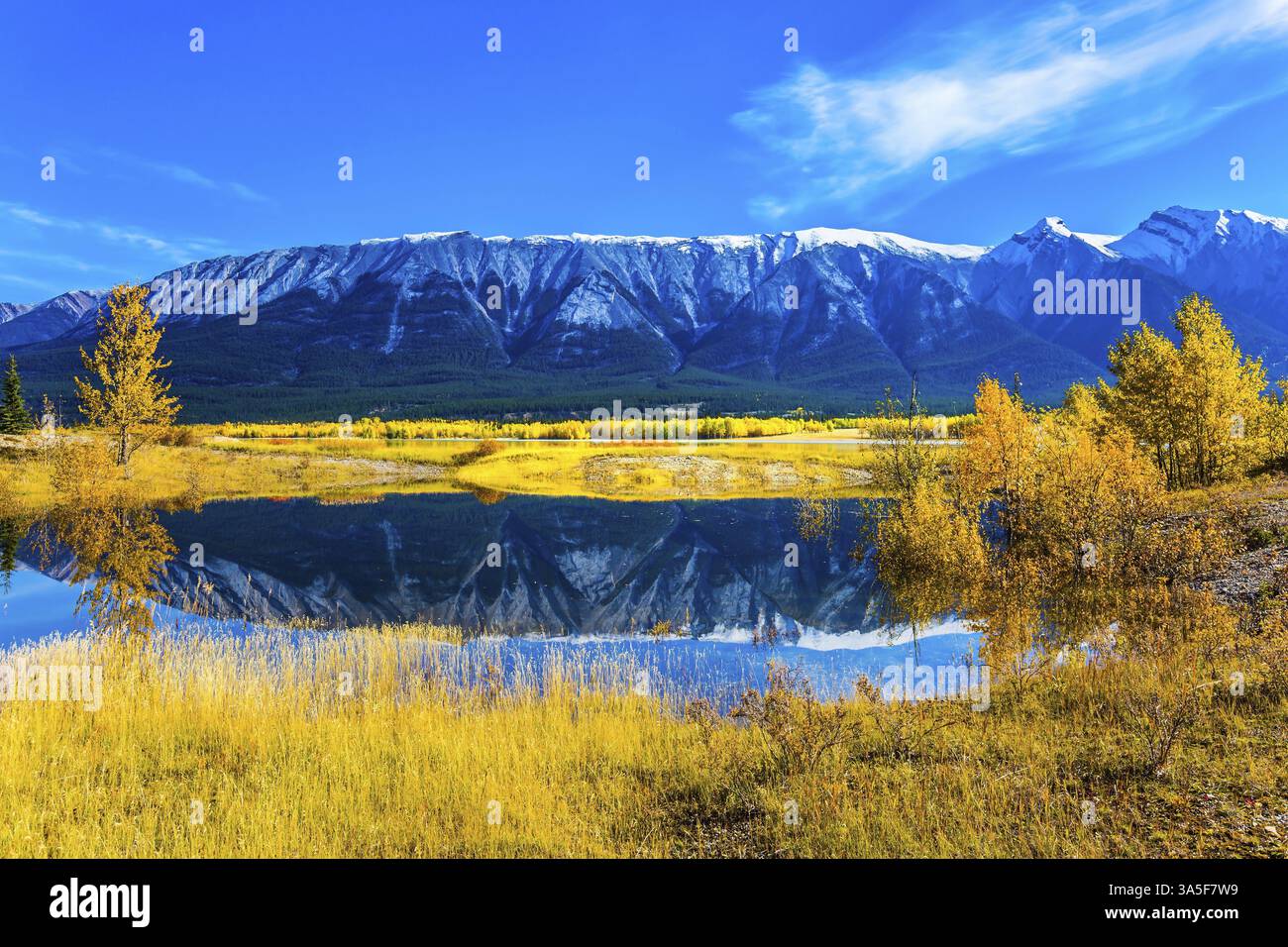Le Montagne Rocciose si riflettono nelle acque turchesi del lago Abraham. Estate indiana nelle Montagne Rocciose. Concetto di turismo attivo ed ecologico Foto Stock