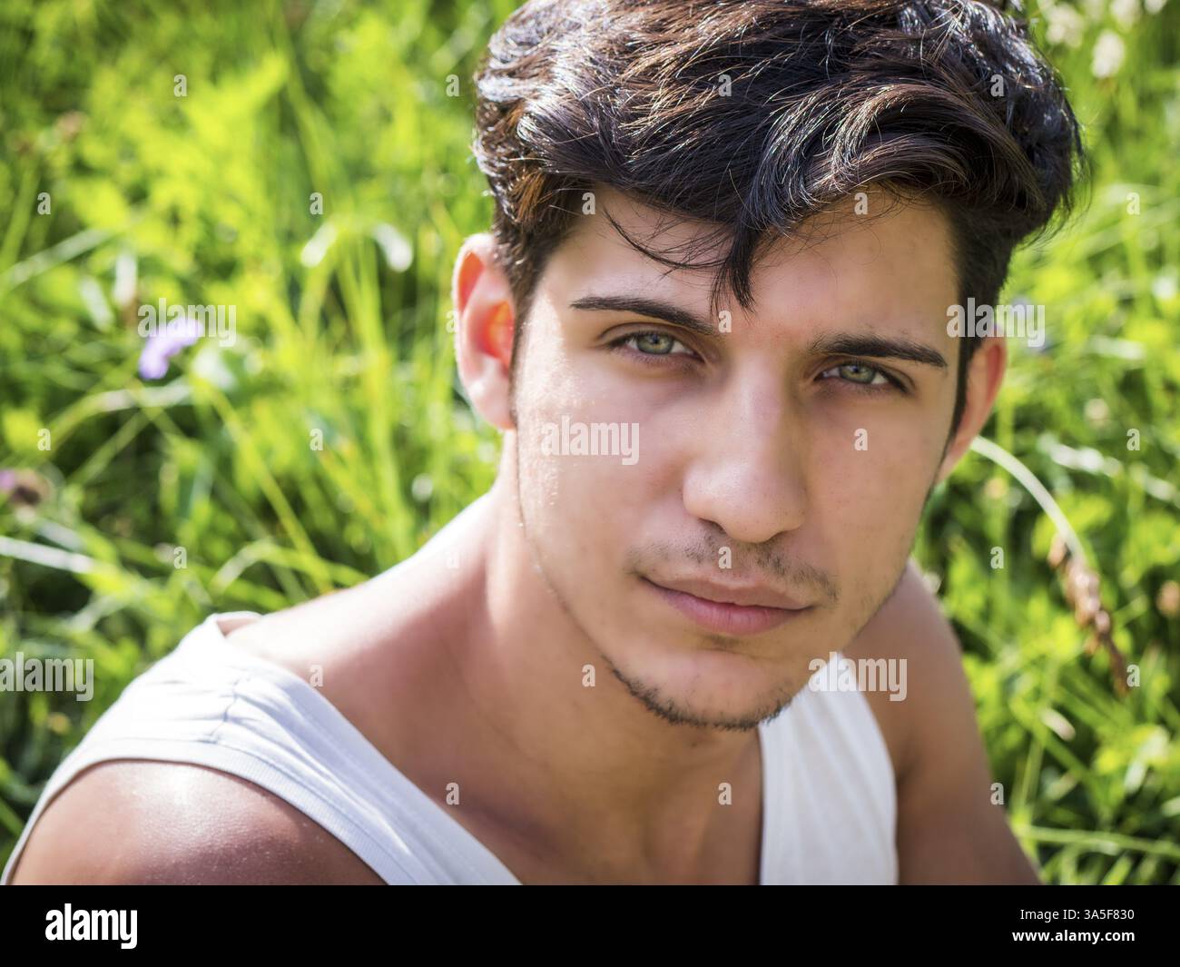 Colpo di testa di un bellissimo giovane uomo dagli occhi verdi all'aperto, che guarda la macchina fotografica di fronte alla prateria Foto Stock