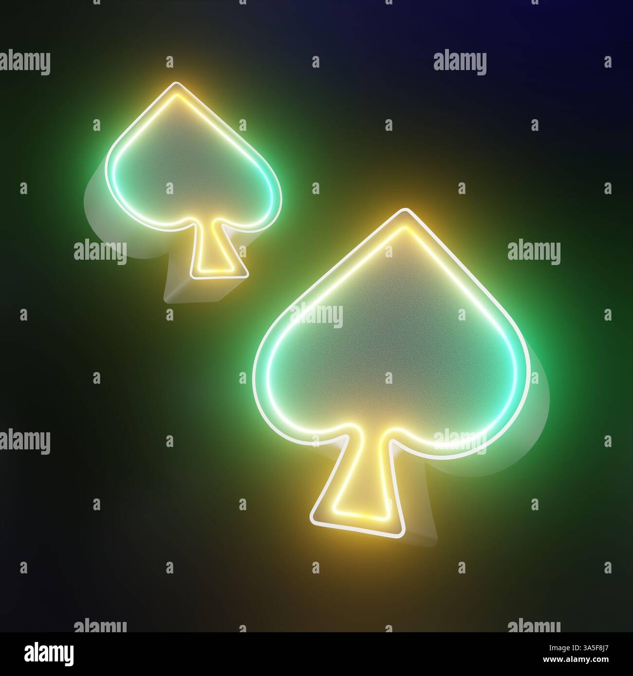 Icona 3D in stile neon di picche con colori verdi e gialli brillanti, progettata come simboli di carte da gioco da poker. Foto Stock