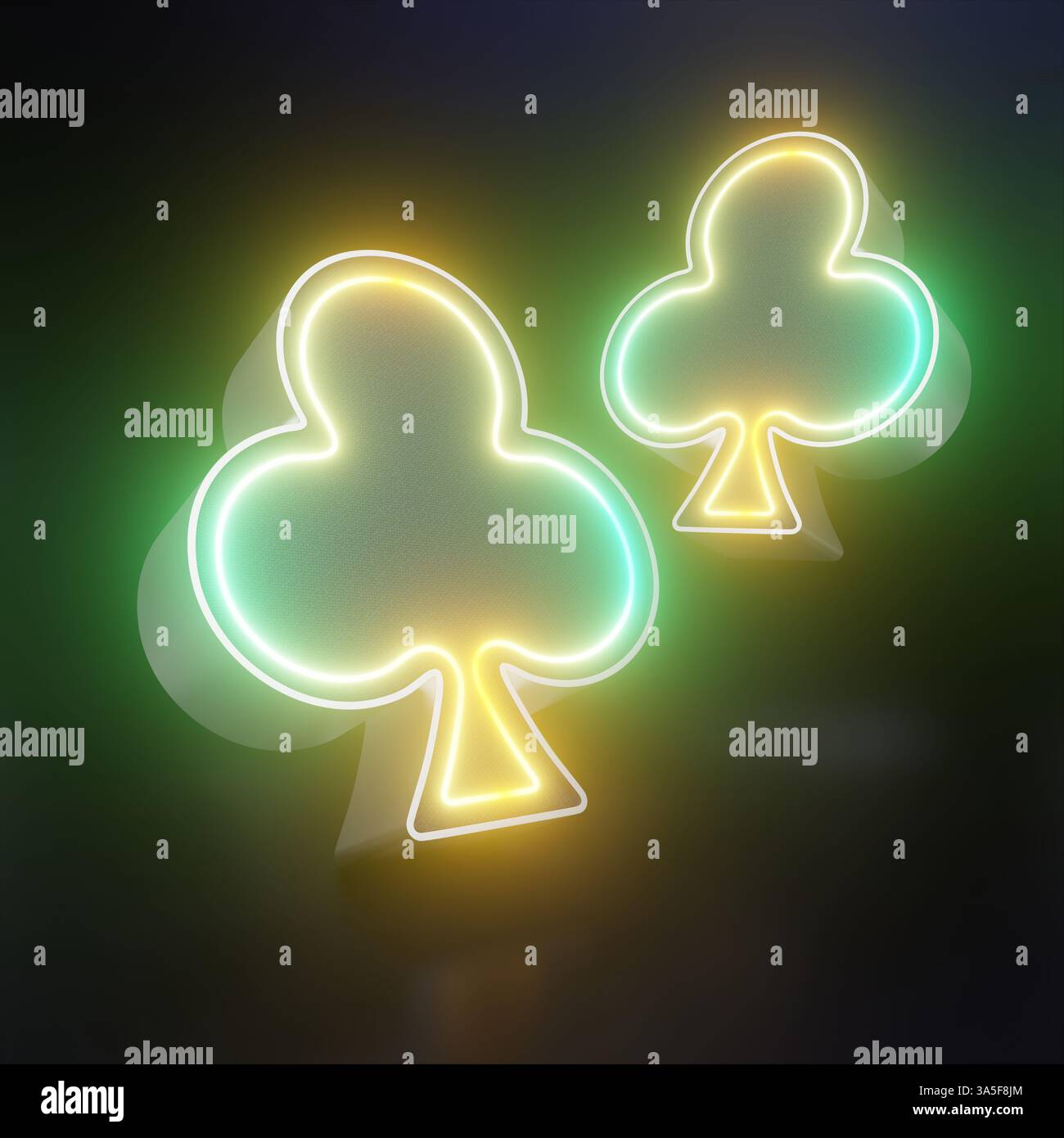 Icona in stile neon 3D dei club con colori verdi e gialli brillanti, progettata come simboli di carte da gioco da poker. Foto Stock