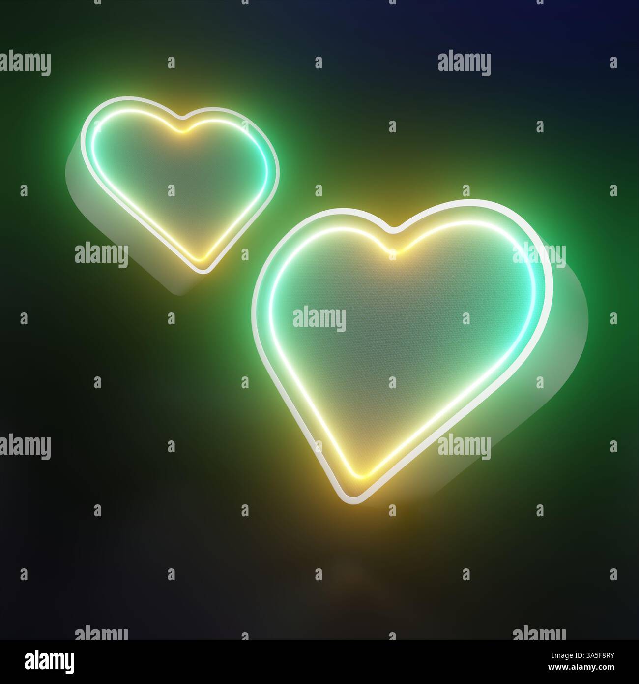Icona di cuori in stile neon 3D con colori verdi e gialli brillanti, progettata come simboli di carte da gioco da poker. Foto Stock