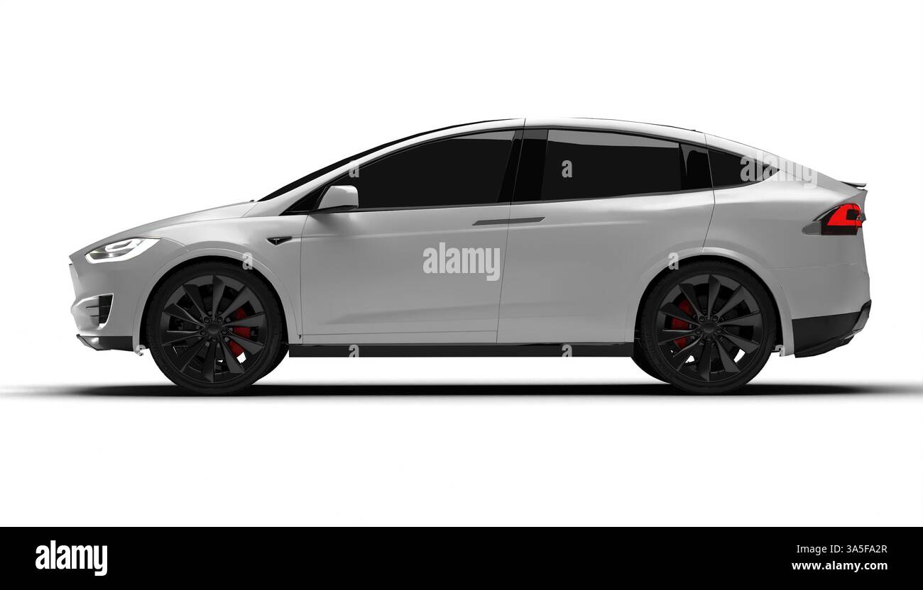 Izmir, Turchia - 19 marzo 2025: Sfondo bianco, vista completa a sinistra della Tesla Model X bianca che mostra il suo profilo elegante, il design all'avanguardia e la scelta Foto Stock