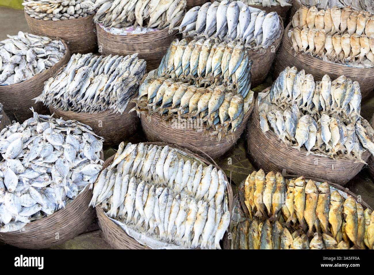 Pesci marini secchi impilati in cesti di legno in un mercato locale vicino a Bhubaneswar, Orissa, India Foto Stock