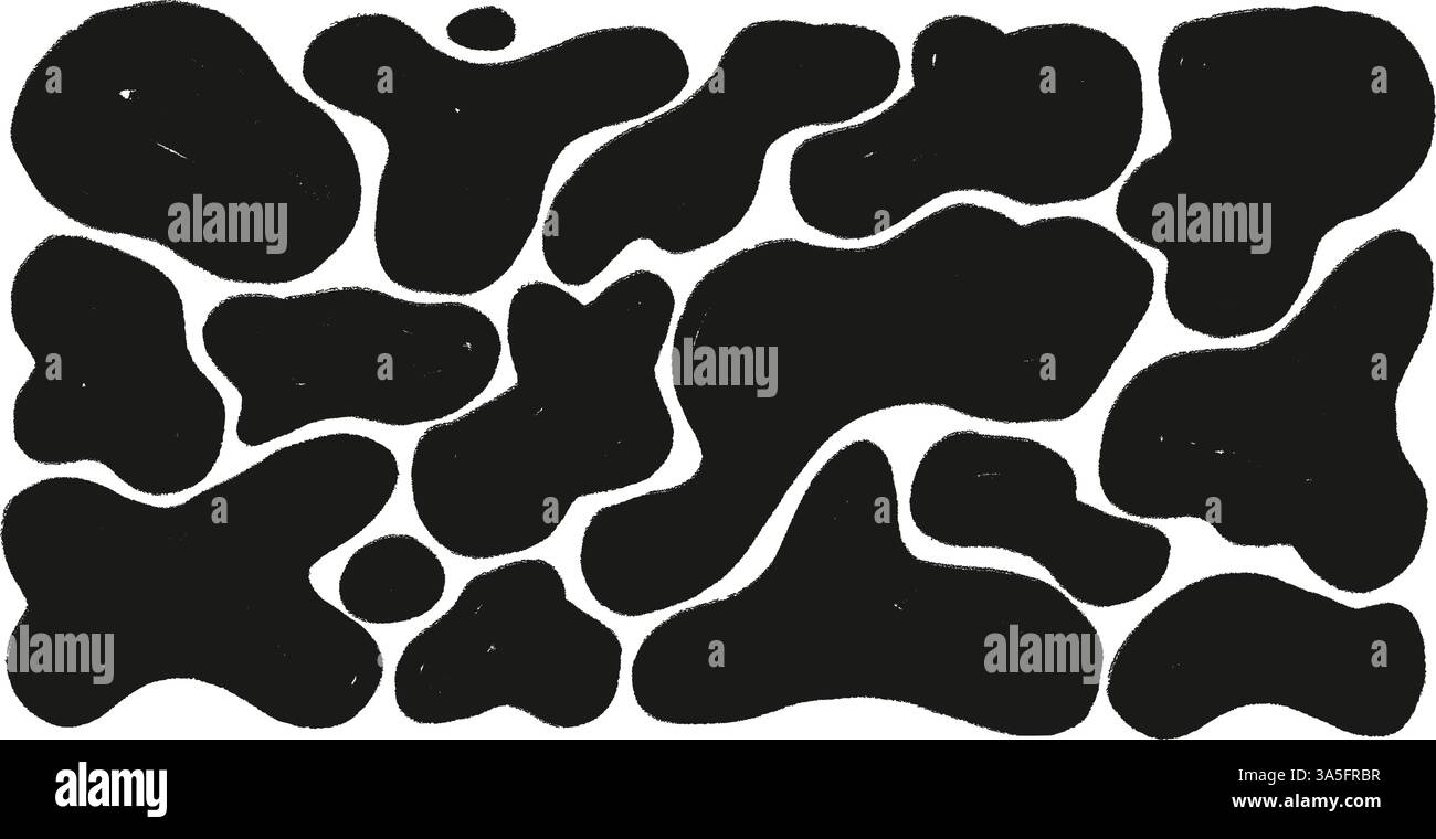 Set di forme a trama grunge organiche liquide. Cifre irregolari. Fluido astratto casuale. La forma irregolare del gesso spruzza. Macchie ondulate. Gocce piatte curvate. Illustrazione Vettoriale