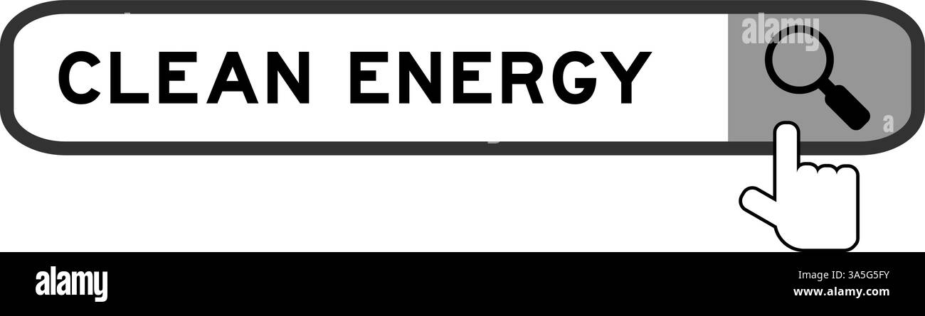 Banner di ricerca in parola energia pulita con icona della lente di ingrandimento a mano su sfondo bianco Illustrazione Vettoriale