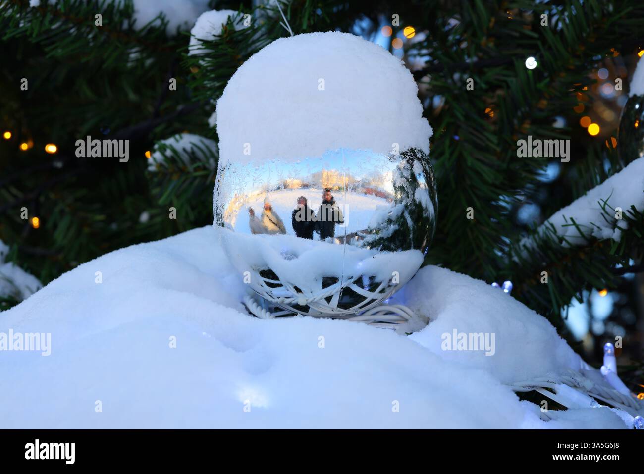 Una splendida riflessione in un ornamento innevato durante l'inverno, che mostra splendore naturale Foto Stock