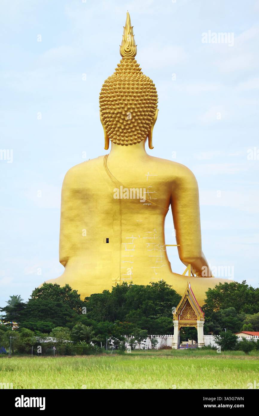 L'immagine del grande Buddha del Tempio di Wat Muang Vista dal retro, Provincia di Ang Thong, Tailandia Foto Stock