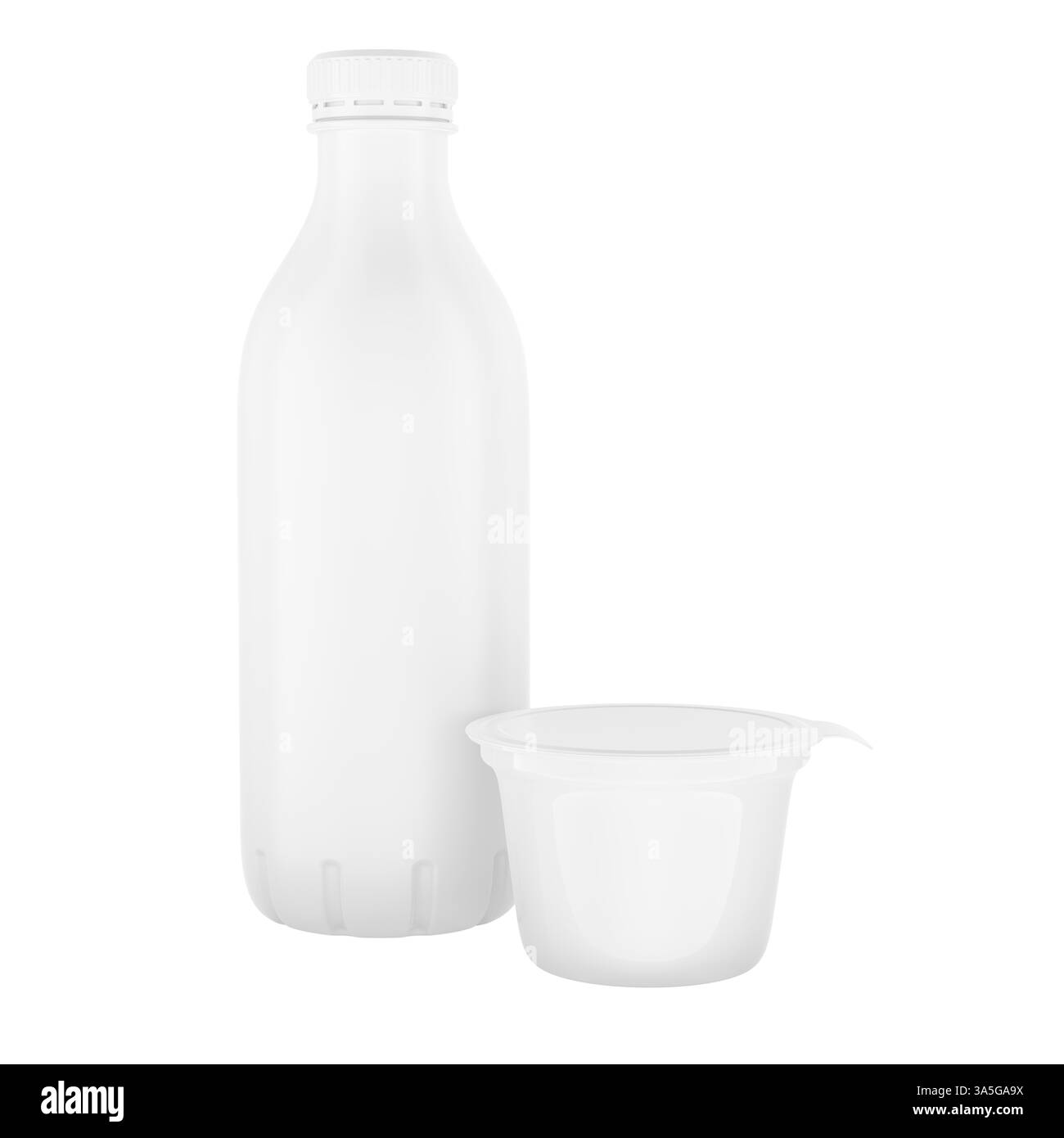 Prodotti lattiero-caseari. Confezionamento in bottiglia di latte e yogurt, rendering 3D isolato su sfondo bianco Foto Stock