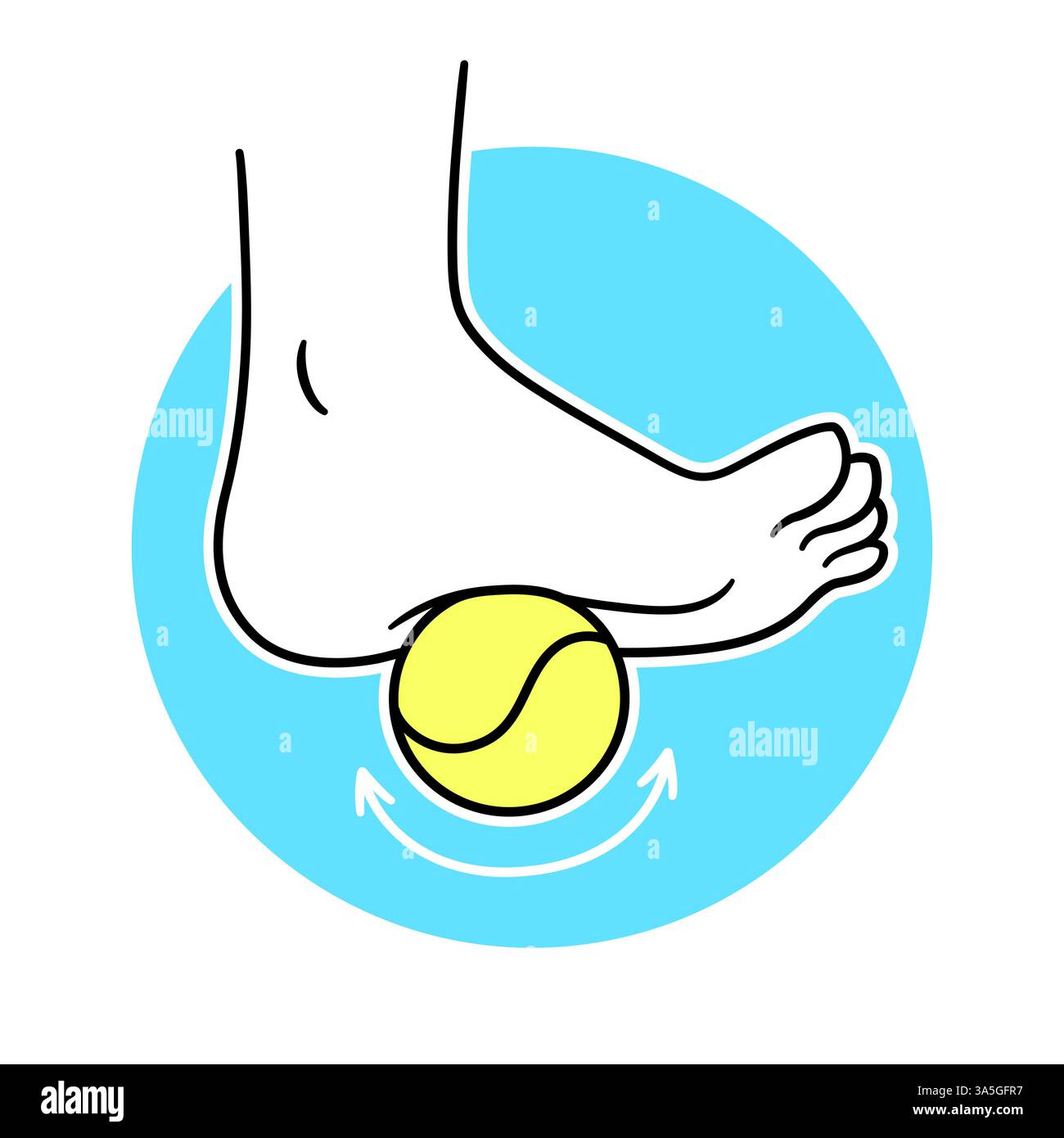 Rotolamento del piede su un disegno di palla da tennis. Terapia fisica, auto massaggio, rilascio miofasciale. Semplice illustrazione grafica a clip vettoriale. Illustrazione Vettoriale