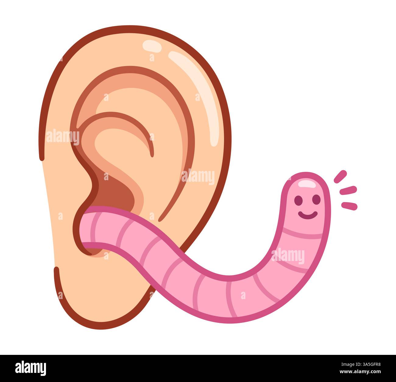 Disegno divertente degli orecchini dei cartoni animati. Un verme carino che fuoriesce dall'orecchio. Illustrazione grafica del clip vettoriale isolato. Illustrazione Vettoriale