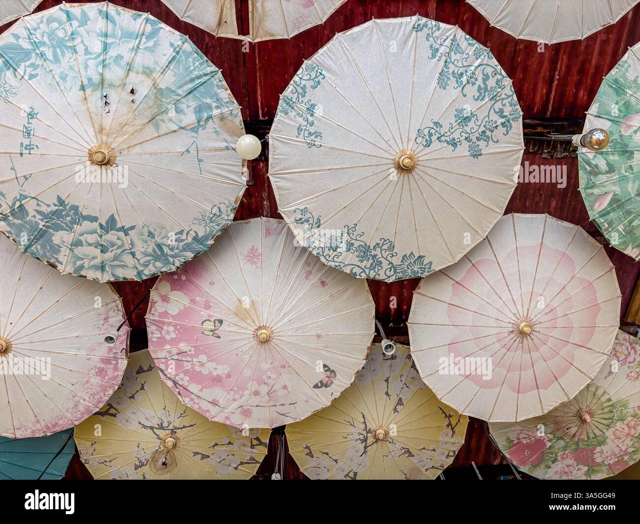 Una serie di graziosi ombrelli dipinti appesi su un soffitto a George Town, Penang, Malesia. Foto Stock