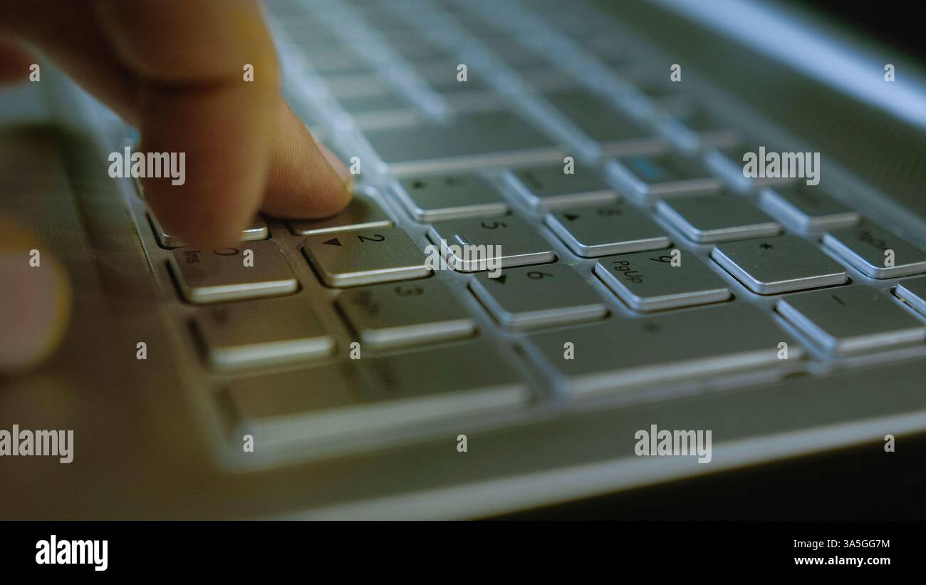 Digitazione della password sulla tastiera del notebook, processo di accesso sicuro, concetto di sicurezza informatica, primo piano di tasti con le dita premute Foto Stock