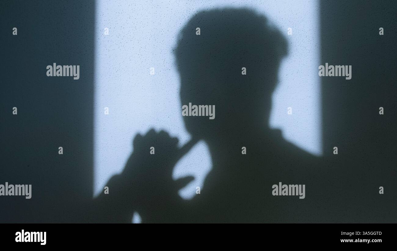 Ombra di un uomo con gesti delle mani che simboleggiano angoscia e depressione contro un muro illuminato dal sole, evocando emozioni profonde, lotta e tumulti interiori Foto Stock