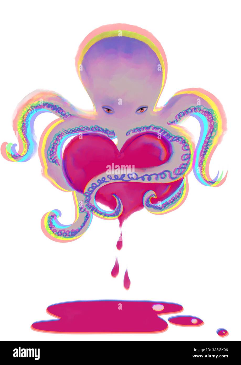 Il polpo sprema il cuore rosso da cui gocciola il sangue. Relazione d'amore tossica, concetto di relazione abusiva poster verticale con sfondo bianco Foto Stock