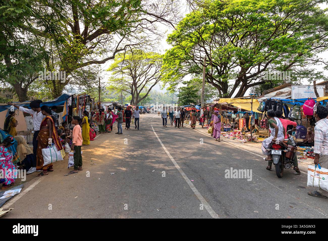 Bellissimo e pittoresco mercato locale di orissa, pieno di persone vestite con abiti colorati che vendono frutta, verdura e prodotti locali, orissa, india Foto Stock